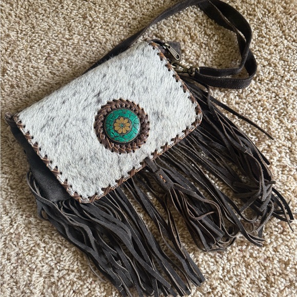 Handbags - Fringed Crossbody Bag with White Haircalf and Turquoise Accent